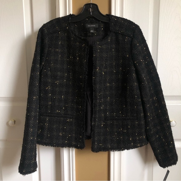 Halogen Black Gold Metallic Raw Hem Tweed Jacket - Picture 1 of 8